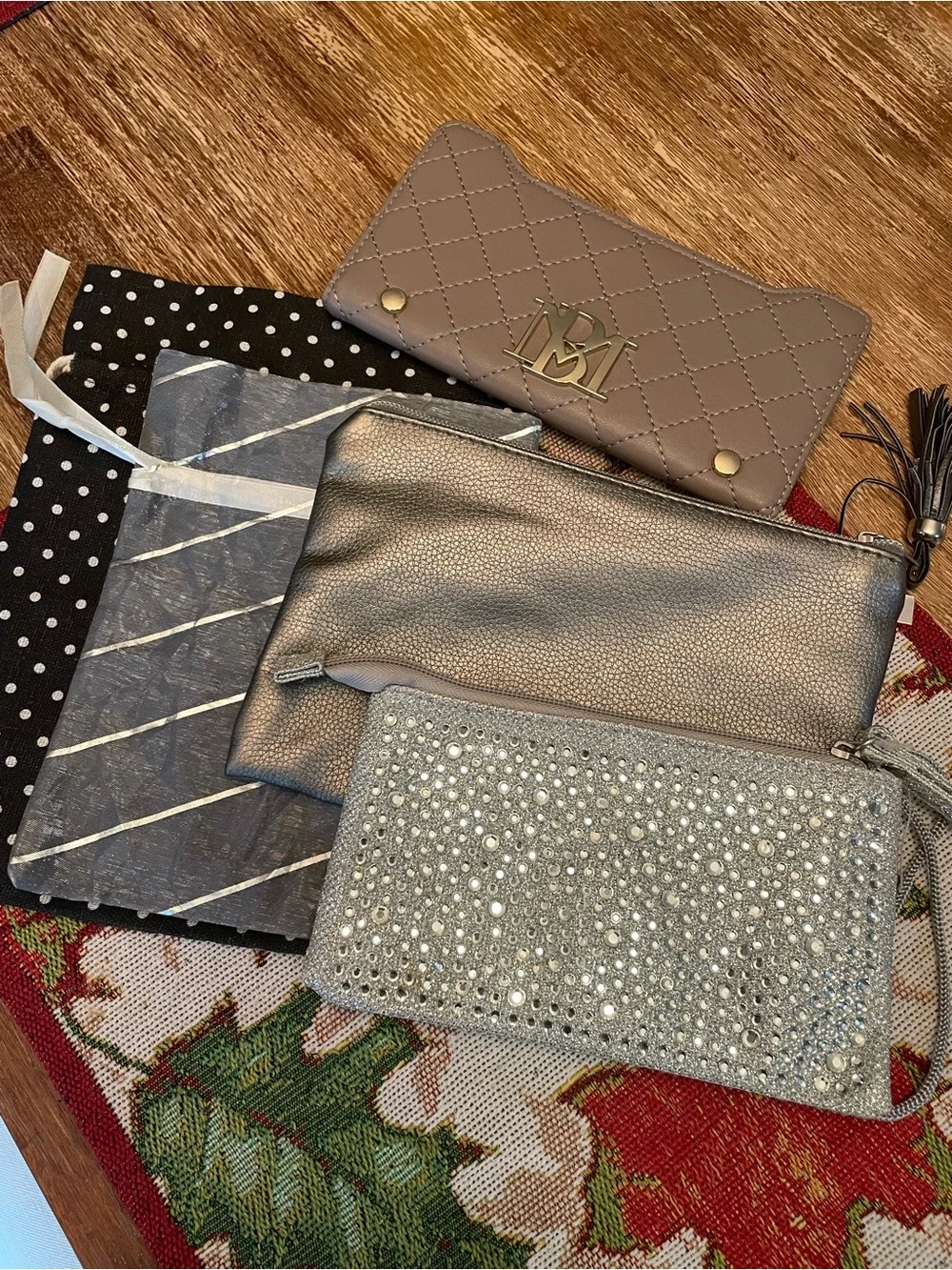 Badgley Mischka Taupe Wallet / Metallic Gray Wristlet / Gift bag Set / 5 items